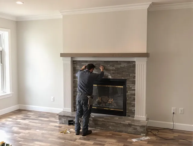 San Bernardino Chimney Sweep finishing a custom fireplace install in San Bernardino, CA